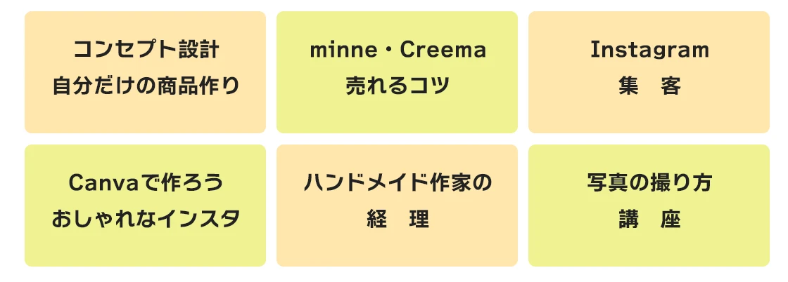 コンセプト設計自分だけの商品作り
minne・Creema売れるコツ
インスタグラム集客
Canvaで作ろうおしゃれなインスタ投稿
ハンドメイド作家の経理
写真の撮り方講座